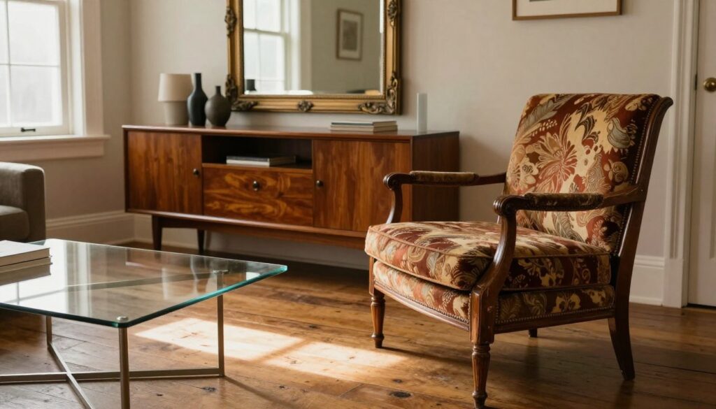 A cozy living room featuring a blend of vintage furniture and modern accessories. In the foreground, a beautifully worn, antique wooden armchair upholstered in rich, patterned fabric sits near a sleek, minimalist coffee table made of glass and metal. The middle ground showcases a vintage sideboard adorned with modern decorative items and a large, elegant mirror reflecting the warm light. In the background, large windows let in soft, natural light, casting gentle shadows on the rustic wooden floor. The atmosphere is inviting and stylish, combining old-world charm with contemporary sophistication. Use warm tones to enhance the cozy feel, capturing this harmonious blend of vintage and modern design. A cozy living room featuring a blend of vintage furniture and modern accessories. In the foreground, a beautifully worn, antique wooden armchair upholstered in rich, patterned fabric sits near a sleek, minimalist coffee table made of glass and metal. The middle ground showcases a vintage sideboard adorned with modern decorative items and a large, elegant mirror reflecting the warm light. In the background, large windows let in soft, natural light, casting gentle shadows on the rustic wooden floor. The atmosphere is inviting and stylish, combining old-world charm with contemporary sophistication. Use warm tones to enhance the cozy feel, capturing this harmonious blend of vintage and modern design.