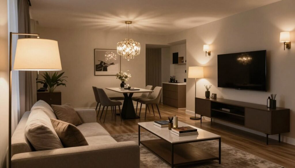 A cozy living room scene focusing on various lighting options to illustrate common mistakes in salon lighting design. In the foreground, a stylish floor lamp casts a warm glow over a plush sofa with neutral tones. To the side, a modern table lamp illuminates a chic coffee table adorned with a few books and decorative items. In the middle, an elegant dining area features a statement chandelier hanging above a sleek dining table set for two, showcasing dramatic shadows. The background reveals a mounted television surrounded by soft wall sconces, emphasizing balance and harmony. The overall atmosphere is inviting yet thoughtfully cluttered, highlighting the importance of functional and aesthetic light placement. Soft, ambient lighting creates a relaxed mood throughout the space.