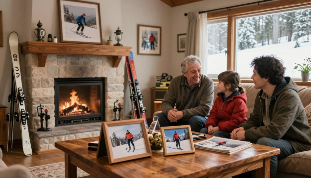 A cozy living room setting showcasing a family's sporting traditions. In the foreground, a wooden table adorned with framed photographs of family members engaged in winter sports, focusing on ski jumping. The middle area features a large, inviting fireplace with ski gear neatly arranged beside it, symbolizing warmth and togetherness. In the background, a snowy landscape can be seen through a window, hinting at the family's strong connection to winter sports. Soft, warm lighting illuminates the space, creating a nostalgic and cheerful atmosphere. The scene conveys a sense of pride in athletic heritage, with modestly dressed family members interacting joyfully while discussing their sporting experiences. A cozy living room setting showcasing a family's sporting traditions. In the foreground, a wooden table adorned with framed photographs of family members engaged in winter sports, focusing on ski jumping. The middle area features a large, inviting fireplace with ski gear neatly arranged beside it, symbolizing warmth and togetherness. In the background, a snowy landscape can be seen through a window, hinting at the family's strong connection to winter sports. Soft, warm lighting illuminates the space, creating a nostalgic and cheerful atmosphere. The scene conveys a sense of pride in athletic heritage, with modestly dressed family members interacting joyfully while discussing their sporting experiences.