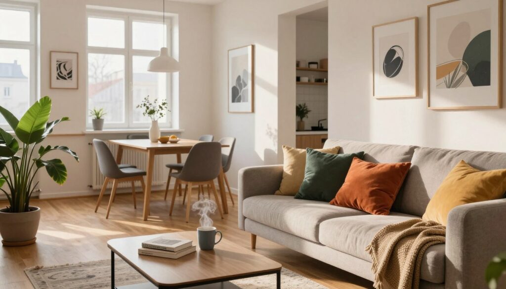 A cozy, modern apartment interior in Warsaw, showcasing a stylish living space. The foreground features a comfortable sofa adorned with vibrant throw pillows, a sleek coffee table with books and a steaming mug, and a lush green potted plant. In the middle ground, there's a minimalistic dining area with a wooden table and contemporary chairs, illuminated by natural light streaming through large windows. The walls are decorated with artistic prints and thoughtful decor, reflecting a personal touch. In the background, diffused sunlight casts a warm glow across the scene, creating an inviting and relaxing atmosphere. The image conveys a sense of comfort and modernity, ideal for a young influencer's first home. A cozy, modern apartment interior in Warsaw, showcasing a stylish living space. The foreground features a comfortable sofa adorned with vibrant throw pillows, a sleek coffee table with books and a steaming mug, and a lush green potted plant. In the middle ground, there's a minimalistic dining area with a wooden table and contemporary chairs, illuminated by natural light streaming through large windows. The walls are decorated with artistic prints and thoughtful decor, reflecting a personal touch. In the background, diffused sunlight casts a warm glow across the scene, creating an inviting and relaxing atmosphere. The image conveys a sense of comfort and modernity, ideal for a young influencer's first home.