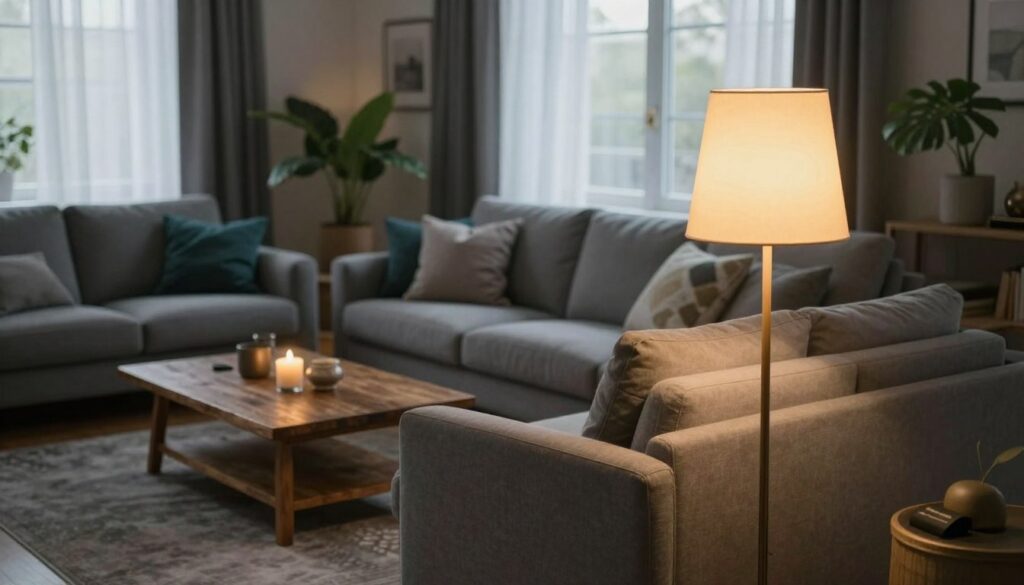 A cozy, modern gray living room featuring soft, warm lighting that enhances the inviting atmosphere. In the foreground, a stylish floor lamp emits a soft, golden glow, illuminating a plush gray sofa adorned with colorful throw pillows in deep jewel tones. The middle ground includes a rustic coffee table with decorative candles, and a beautiful plant adds a touch of nature. The background showcases large windows draped with sheer curtains, allowing gentle, diffused daylight to filter in. The angle is slightly elevated, capturing the warm ambiance that bright lighting brings to cool-toned spaces. The overall mood is inviting and serene, emphasizing the transformative role of lighting in creating a welcoming environment.