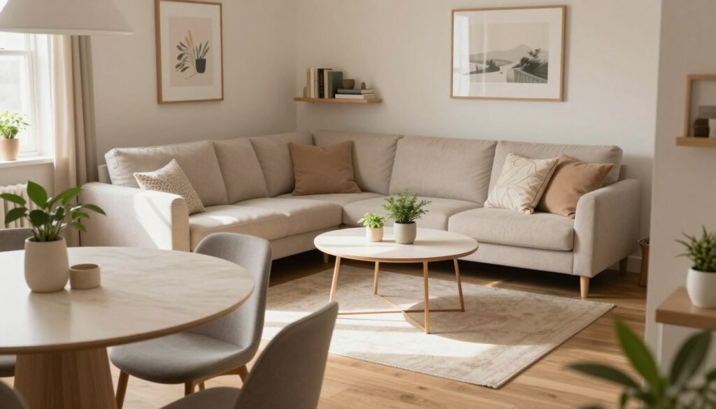A cozy, small living room designed for efficiency and style. In the foreground, a beautifully arranged round dining table with elegant, minimalist chairs that do not overwhelm the space. In the middle, a plush sofa with soft textiles in light colors, complemented by a couple of decorative cushions. A stylish coffee table sits at the center, surrounded by a few small plants for a touch of greenery. The background features a soft, neutral-toned wall with tasteful artwork and a small shelf holding books and decorative items. Warm, natural light streams in through a window, casting a welcoming glow, while the perspective is slightly elevated to capture all elements harmoniously. The atmosphere is inviting and designed to maximize space without compromising movement.