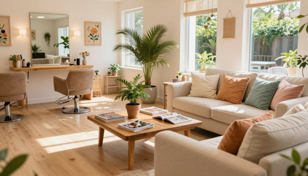 A cozy summer-style salon interior, featuring light wood flooring and large windows that let in warm, natural light. The foreground showcases a comfortable, oversized sofa adorned with colorful cushions in pastel shades. In the middle ground, a wooden coffee table is juxtaposed with a potted palm plant and magazines strewn about, creating an inviting atmosphere. The walls are adorned with light, airy decorations, perhaps woven art pieces or floral prints that evoke a sense of tranquility. In the background, glimpses of the lush greenery outside can be seen through the windows, enhancing the feeling of being surrounded by nature. The overall mood is serene and welcoming, perfect for relaxation, with soft, diffused lighting that creates a warm, inviting glow throughout the space. A cozy summer-style salon interior, featuring light wood flooring and large windows that let in warm, natural light. The foreground showcases a comfortable, oversized sofa adorned with colorful cushions in pastel shades. In the middle ground, a wooden coffee table is juxtaposed with a potted palm plant and magazines strewn about, creating an inviting atmosphere. The walls are adorned with light, airy decorations, perhaps woven art pieces or floral prints that evoke a sense of tranquility. In the background, glimpses of the lush greenery outside can be seen through the windows, enhancing the feeling of being surrounded by nature. The overall mood is serene and welcoming, perfect for relaxation, with soft, diffused lighting that creates a warm, inviting glow throughout the space.