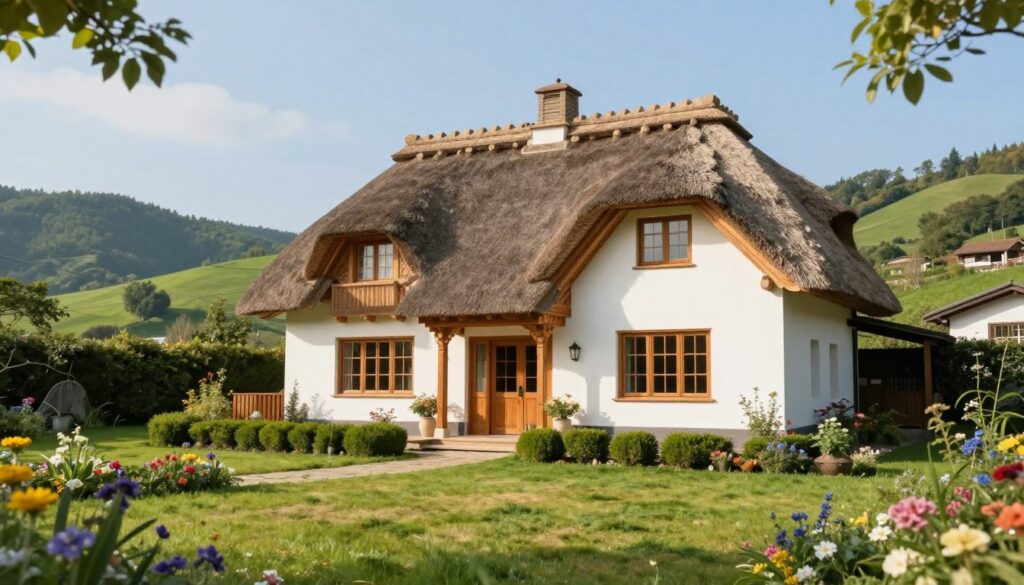 A cozy yet elegant house belonging to a prominent political figure, situated in a picturesque rural setting. The foreground features a well-maintained grassy lawn with colorful flowers, inviting and warm. In the middle, the charming two-story home showcases traditional architecture with a thatched roof, wooden accents, and large windows. A small path leading to the entrance is framed by quaint hedges. In the background, rolling green hills and a clear blue sky enhance the idyllic atmosphere, with soft sunlight casting gentle shadows. The scene conveys a sense of serenity and heritage, captured from a slightly angled perspective to include both the home and its surrounding nature, highlighting the tranquil connection between the residence and its environment. A cozy yet elegant house belonging to a prominent political figure, situated in a picturesque rural setting. The foreground features a well-maintained grassy lawn with colorful flowers, inviting and warm. In the middle, the charming two-story home showcases traditional architecture with a thatched roof, wooden accents, and large windows. A small path leading to the entrance is framed by quaint hedges. In the background, rolling green hills and a clear blue sky enhance the idyllic atmosphere, with soft sunlight casting gentle shadows. The scene conveys a sense of serenity and heritage, captured from a slightly angled perspective to include both the home and its surrounding nature, highlighting the tranquil connection between the residence and its environment.