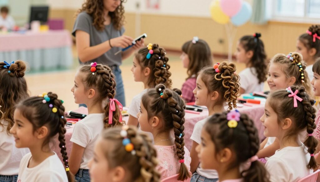 A creative hairstyle showcase featuring an array of stunning curls and updos, designed for young girls. In the foreground, display a diverse group of girls with joyful expressions, each sporting intricate hairstyles adorned with colorful accessories like ribbons, beads, and floral pins. In the middle ground, a stylist’s table filled with hair tools and vibrant hair accessories sets a playful scene. The background features a soft, blurred setting of a festive environment, such as a school hall or a community fair, with hints of balloons and decorations. The lighting is warm and inviting, casting a cheerful glow over the scene, evoking a sense of joy and creativity. Use a wide-angle lens to capture the lively atmosphere and focus on the hair details, emphasizing the beauty of the hairstyles.