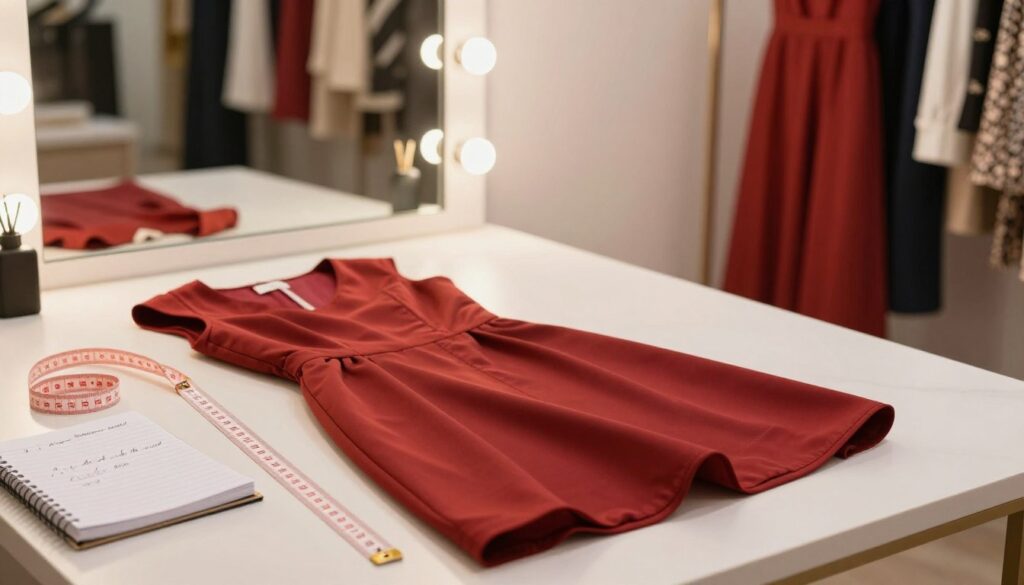 A detailed fashion measurement scene featuring a dress laid out on a flat surface, showcasing its length and design. The dress is a classic A-line style, crafted from a rich fabric, with elegant stitching and a vibrant color. In the foreground, a measuring tape is stretched alongside the dress, clearly indicating the length measurement, while a ruler and notebook with handwritten notes are nearby, emphasizing the measurement process. In the middle ground, a well-lit vanity with a full-length mirror reflects the dress, enhancing the focus on its style. The background is softly blurred with a boutique setting, accented by soft, warm lighting that creates a welcoming atmosphere. The overall mood is professional and informative, perfect for illustrating the measurement of dress length.