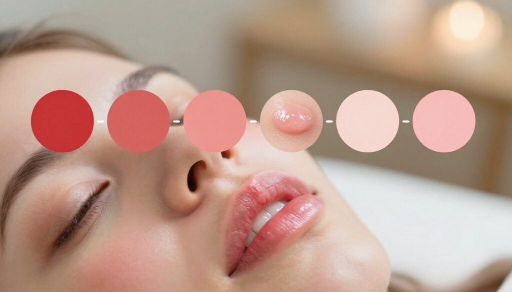 A detailed illustration depicting the stages of skin healing, focusing on the regeneration process after permanent lip makeup. In the foreground, show a close-up of healthy, revitalized lips exhibiting subtle natural shine, with a soft gloss applied. In the middle ground, display a timeline of healing stages: initially dry and slightly irritated skin transitioning into plump, hydrated texture. Include a smooth gradient of colors representing healing, from reds to soft pinks, portraying the recovery journey. In the background, a serene spa-like atmosphere with soft focused lighting enhances a soothing and calming mood. Use a shallow depth of field to highlight the lips while softly blurring the background to create a focused yet tranquil image. Ensure the composition conveys a sense of care and rejuvenation for the viewer. A detailed illustration depicting the stages of skin healing, focusing on the regeneration process after permanent lip makeup. In the foreground, show a close-up of healthy, revitalized lips exhibiting subtle natural shine, with a soft gloss applied. In the middle ground, display a timeline of healing stages: initially dry and slightly irritated skin transitioning into plump, hydrated texture. Include a smooth gradient of colors representing healing, from reds to soft pinks, portraying the recovery journey. In the background, a serene spa-like atmosphere with soft focused lighting enhances a soothing and calming mood. Use a shallow depth of field to highlight the lips while softly blurring the background to create a focused yet tranquil image. Ensure the composition conveys a sense of care and rejuvenation for the viewer.
