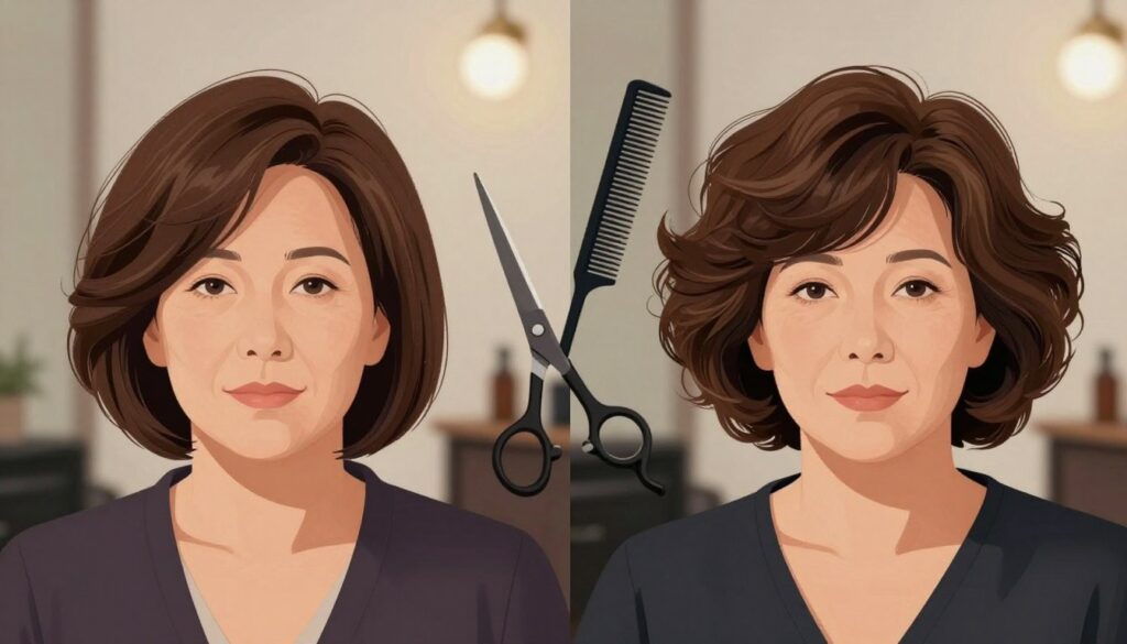 A detailed illustration showing common hairstyling mistakes that age a woman with a round face. In the foreground, showcase a split image of two hairstyles on a middle-aged female model in professional attire—a layered bob on one side and an overly voluminous cut on the other, both emphasizing flaws like excessive bulk and harsh angles. In the middle, include hairstyling tools such as scissors and a comb, subtly placed for context. The background features muted salon decor with soft, flattering lighting that highlights the model's features while casting gentle shadows, creating a relaxed atmosphere. The overall mood should be educational and enlightening, helping viewers understand the impact of hairstyling choices on age perception. A detailed illustration showing common hairstyling mistakes that age a woman with a round face. In the foreground, showcase a split image of two hairstyles on a middle-aged female model in professional attire—a layered bob on one side and an overly voluminous cut on the other, both emphasizing flaws like excessive bulk and harsh angles. In the middle, include hairstyling tools such as scissors and a comb, subtly placed for context. The background features muted salon decor with soft, flattering lighting that highlights the model's features while casting gentle shadows, creating a relaxed atmosphere. The overall mood should be educational and enlightening, helping viewers understand the impact of hairstyling choices on age perception.