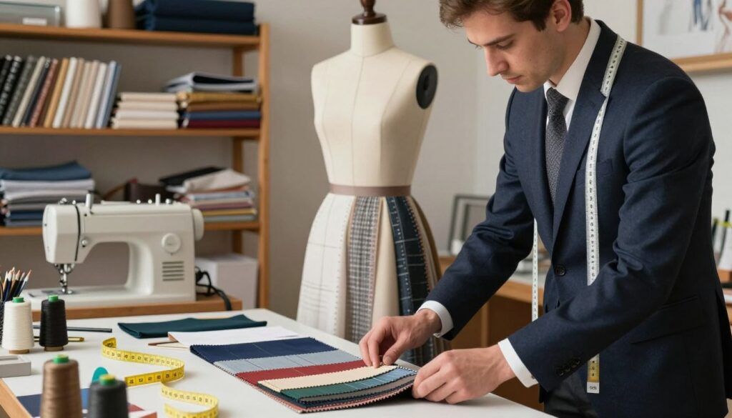 A detailed scene depicting the factors that influence tailoring service costs. In the foreground, a professional tailor in a well-fitted suit is assessing fabric swatches on a worktable, with sewing tools and measuring tape scattered around. In the middle ground, a half-finished dress is displayed on a dress form, showcasing intricate stitching and a variety of fabric options. Behind, a cozy workshop environment with wooden shelves filled with textiles, pattern books, and a sewing machine in use. Soft, warm lighting illuminates the workspace, creating an inviting atmosphere. The image captures the meticulous attention to detail and craftsmanship involved in tailoring, evoking a sense of professionalism and artistry. A detailed scene depicting the factors that influence tailoring service costs. In the foreground, a professional tailor in a well-fitted suit is assessing fabric swatches on a worktable, with sewing tools and measuring tape scattered around. In the middle ground, a half-finished dress is displayed on a dress form, showcasing intricate stitching and a variety of fabric options. Behind, a cozy workshop environment with wooden shelves filled with textiles, pattern books, and a sewing machine in use. Soft, warm lighting illuminates the workspace, creating an inviting atmosphere. The image captures the meticulous attention to detail and craftsmanship involved in tailoring, evoking a sense of professionalism and artistry.