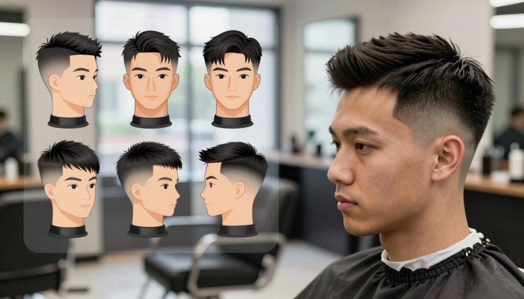 A detailed visual guide showcasing popular shading techniques used in men's haircuts, particularly focused on the taper fade. In the foreground, feature a well-groomed male model with a sleek taper fade hairstyle, emphasizing the smooth gradients transitioning from short to longer hair. In the middle ground, display various shading patterns on hair, such as faded, blended, and lined styles, all illustrated on mannequin heads or through visual charts, allowing for clear comparison. The background should be a modern barbershop environment, softly lit with natural light filtering through large windows, creating a warm and inviting atmosphere. Ensure the overall vibe is professional and stylish, with a focus on hair detailing techniques without any text or distractions. A detailed visual guide showcasing popular shading techniques used in men's haircuts, particularly focused on the taper fade. In the foreground, feature a well-groomed male model with a sleek taper fade hairstyle, emphasizing the smooth gradients transitioning from short to longer hair. In the middle ground, display various shading patterns on hair, such as faded, blended, and lined styles, all illustrated on mannequin heads or through visual charts, allowing for clear comparison. The background should be a modern barbershop environment, softly lit with natural light filtering through large windows, creating a warm and inviting atmosphere. Ensure the overall vibe is professional and stylish, with a focus on hair detailing techniques without any text or distractions.