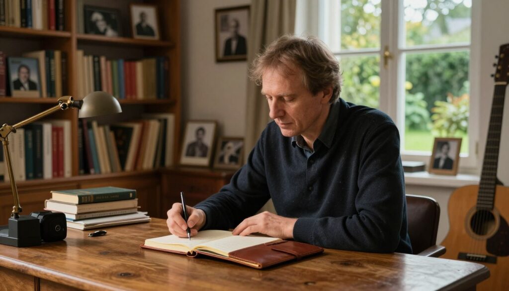 A distinguished Polish writer and musician, Andrzej Poniedzielski is depicted in a cozy, well-lit home office filled with books and musical instruments. In the foreground, he sits at a vintage wooden desk, thoughtfully jotting down notes in a leather-bound journal, dressed in smart casual attire. The middle ground features shelves lined with literary works and framed photographs, capturing moments of his creative journey. In the background, a window reveals a serene view of a lush green garden, hinting at inspiration drawn from nature. Soft, warm lighting illuminates the space, casting a welcoming glow, while the overall atmosphere conveys creativity, passion, and contemplation. The composition is shot with a slightly angled perspective, inviting the viewer into his artistic world.