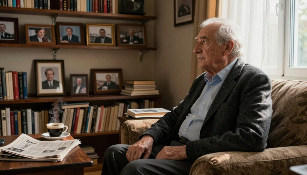 A distinguished elderly man, Stefan Niesiołowski, dressed in a smart casual outfit, sits comfortably in a cozy living room filled with books and personal mementos. The foreground captures his thoughtful expression as he gazes out of a large window, with warm sunlight filtering through sheer curtains, casting a soft glow around him. In the middle ground, a coffee table is adorned with a newspaper and a steaming cup of coffee, emphasizing a moment of reflection. The background includes shelves lined with books and framed photographs showcasing various milestones in his life, creating an inviting atmosphere. The overall mood is serene and introspective, capturing the essence of a respected figure reflecting on his private life.