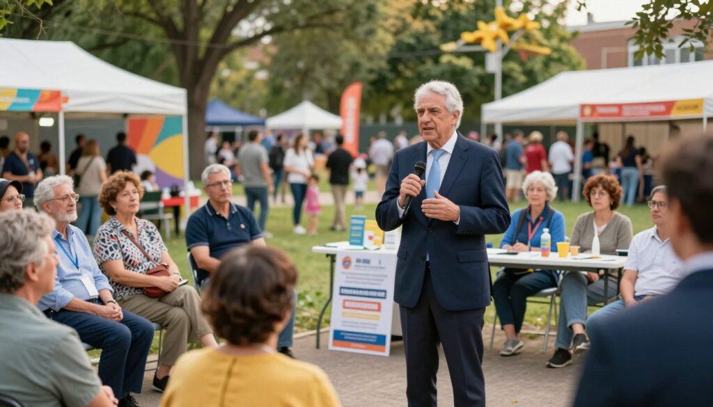 A distinguished former politician engaged in public service activities, standing confidently in a bright open-air community event. In the foreground, an older man in a tailored navy suit speaks passionately to a small group of attentive citizens, who appear engaged and thoughtful, reflecting diverse age and background. The middle ground showcases a vibrant gathering with colorful banners and a table displaying information about local initiatives. The background features a lively urban park with green trees and families enjoying the day. The lighting is soft and warm, suggesting a pleasant afternoon, while a shallow depth of field focuses on the speaker, creating an atmosphere of community and involvement, highlighting public engagement after a political career. A distinguished former politician engaged in public service activities, standing confidently in a bright open-air community event. In the foreground, an older man in a tailored navy suit speaks passionately to a small group of attentive citizens, who appear engaged and thoughtful, reflecting diverse age and background. The middle ground showcases a vibrant gathering with colorful banners and a table displaying information about local initiatives. The background features a lively urban park with green trees and families enjoying the day. The lighting is soft and warm, suggesting a pleasant afternoon, while a shallow depth of field focuses on the speaker, creating an atmosphere of community and involvement, highlighting public engagement after a political career.
