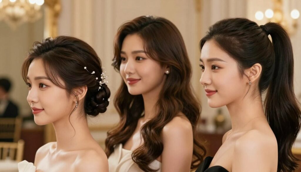 A diverse group of three elegantly styled women, each showcasing different hairstyles suitable for formal events. In the foreground, the first woman has an intricate updo adorned with subtle hair accessories, reflecting sophistication and grace. The second woman, positioned slightly behind, displays soft waves cascading down her shoulders, capturing a romantic essence. The third woman features a sleek ponytail, exuding modern elegance. The background showcases a softly blurred, opulent ballroom setting with warm, inviting lighting, enhancing the luxurious atmosphere. The image is captured from a slightly elevated angle, emphasizing the hairstyles while maintaining focus on the women's faces, which convey excitement and joy, representing the essence of a special evening. A diverse group of three elegantly styled women, each showcasing different hairstyles suitable for formal events. In the foreground, the first woman has an intricate updo adorned with subtle hair accessories, reflecting sophistication and grace. The second woman, positioned slightly behind, displays soft waves cascading down her shoulders, capturing a romantic essence. The third woman features a sleek ponytail, exuding modern elegance. The background showcases a softly blurred, opulent ballroom setting with warm, inviting lighting, enhancing the luxurious atmosphere. The image is captured from a slightly elevated angle, emphasizing the hairstyles while maintaining focus on the women's faces, which convey excitement and joy, representing the essence of a special evening.