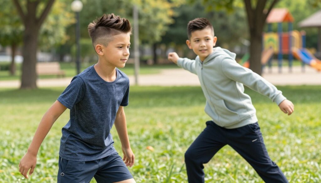 A dynamic and energetic scene featuring two boys with short, stylish haircuts ideal for active lifestyles. In the foreground, one boy, around 10-12 years old, sports a trendy undercut with textured top hair, wearing a sporty t-shirt and shorts. Next to him, another boy with a classic crew cut is in a playful pose, dressed in a casual hoodie and joggers. In the middle ground, they are outdoors at a park, with lush green grass and trees, suggesting an active, sunny day. The background captures a blurred playground, emphasizing movement and energy. The lighting is bright and natural, casting soft shadows. The mood is cheerful and lively, perfect for showcasing practical short hairstyles for active boys. A dynamic and energetic scene featuring two boys with short, stylish haircuts ideal for active lifestyles. In the foreground, one boy, around 10-12 years old, sports a trendy undercut with textured top hair, wearing a sporty t-shirt and shorts. Next to him, another boy with a classic crew cut is in a playful pose, dressed in a casual hoodie and joggers. In the middle ground, they are outdoors at a park, with lush green grass and trees, suggesting an active, sunny day. The background captures a blurred playground, emphasizing movement and energy. The lighting is bright and natural, casting soft shadows. The mood is cheerful and lively, perfect for showcasing practical short hairstyles for active boys.