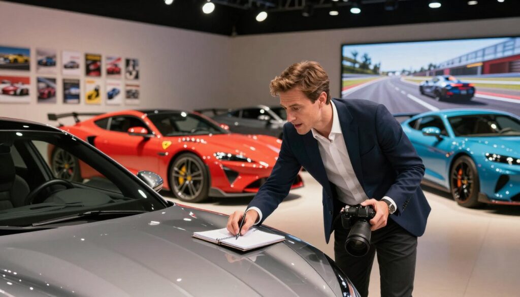 A dynamic scene showcasing a male automotive journalist, dressed in a smart casual outfit, passionately examining a sleek luxury car in a modern automotive studio. In the foreground, he is leaning slightly over the hood, engaging with a notebook and a camera at hand, portraying the blend of analysis and creativity. The middle ground features a vibrant assortment of car models illuminated under soft, professional lighting, enhancing the showroom ambiance. The background reveals a wall adorned with automotive magazines and a large monitor displaying high-speed racing images, contributing to the atmosphere of a fast-paced automotive world. A warm, inviting glow emanates from strategically placed lights, suggesting an inspiring environment that fuels the journalist's passion for cars.