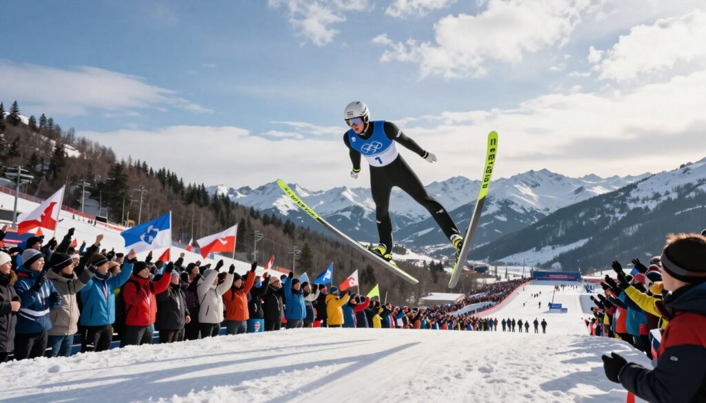 A dynamic winter sports scene capturing the spirit of breakthrough achievements in ski jumping, centered on a determined male athlete in a sleek ski suit, showcasing a moment of triumphant flight above a snowy landscape. In the foreground, the athlete is mid-air, arms outstretched, exuding focus and exhilaration. The middle ground features a vibrant crowd of cheering fans, waving flags in support, while the background reveals an expansive mountainous terrain bathed in soft, early morning light, casting gentle shadows. The scene conveys a sense of accomplishment and international success, with a bright blue sky dotted with clouds, emphasizing a hopeful and exciting atmosphere. The composition utilizes a wide-angle lens to create depth and dynamic perspective, capturing the thrill of the competition. A dynamic winter sports scene capturing the spirit of breakthrough achievements in ski jumping, centered on a determined male athlete in a sleek ski suit, showcasing a moment of triumphant flight above a snowy landscape. In the foreground, the athlete is mid-air, arms outstretched, exuding focus and exhilaration. The middle ground features a vibrant crowd of cheering fans, waving flags in support, while the background reveals an expansive mountainous terrain bathed in soft, early morning light, casting gentle shadows. The scene conveys a sense of accomplishment and international success, with a bright blue sky dotted with clouds, emphasizing a hopeful and exciting atmosphere. The composition utilizes a wide-angle lens to create depth and dynamic perspective, capturing the thrill of the competition.