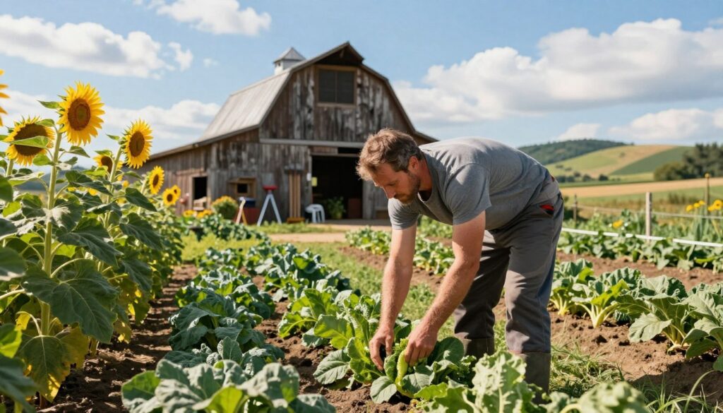 A farmer in modest work clothes engaging in daily activities on a vibrant, sunny farm. In the foreground, the farmer is seen hand-picking vegetables from a lush garden, surrounded by tall sunflowers and green crops. In the middle ground, a weathered barn stands proudly, with farm tools neatly arranged nearby, hinting at a blend of hard work and athleticism. The background features rolling hills and a bright blue sky, with soft clouds drifting by, adding depth and a serene atmosphere. Natural sunlight casts warm, inviting shadows, enhancing the sense of an active and healthy lifestyle. The overall mood is one of diligence and fulfillment in rural life, celebrating the harmony between farming and fitness.