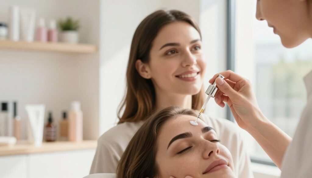A female beauty professional applying a UV protection serum on freshly done permanent eyebrow makeup in a bright, modern beauty salon. The foreground features close-up hands gently smudging the serum on a client's brows, showcasing the texture of the product. In the middle ground, we see the client looking pleased, with her natural beauty enhanced by the permanent makeup. The background includes beauty products arranged neatly on a shelf, with sunlight streaming through a large window, creating a warm and inviting atmosphere. The lighting is soft and natural, emphasizing the glow of the skin. The overall mood conveys a sense of care and professionalism, highlighting the importance of UV protection for cosmetic procedures.