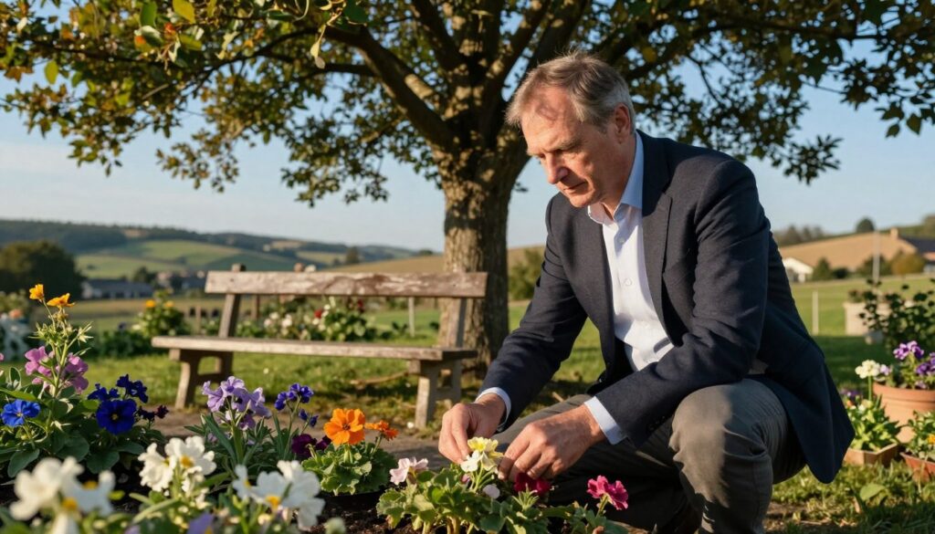A former politician, Stefan Niesiołowski, engaged in daily life activities outside the parliamentary setting. He is depicted in a tranquil garden, dressed in smart casual attire, tending to flowers. In the foreground, vibrant blooms surround him, showcasing various colors and textures, adding life to the scene. In the middle ground, a rustic wooden bench sits under a large, leafy tree, providing shade. The background reveals a picturesque landscape of rolling hills and a clear blue sky, suggesting a peaceful rural setting. The lighting is soft and warm, reminiscent of late afternoon, casting gentle shadows and creating a serene, contemplative atmosphere. The overall mood is one of tranquility and reflection, capturing the essence of a politician's life away from the political spotlight.