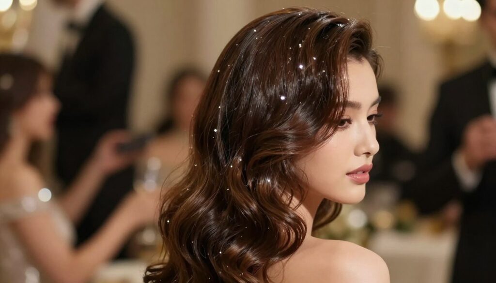 A glamorous hairstyle featuring soft, flowing waves, embodying elegance and sophistication. The foreground showcases a close-up of a model with beautifully styled waves cascading down her shoulders, shimmering under soft, warm lighting. Her hair has a glossy finish, reflecting light subtly, while delicate hair accessories add a touch of sparkle. In the middle, the background is softly blurred, hinting at a luxurious event environment, perhaps with sparkling lights and elegant décor. The overall atmosphere is vibrant yet sophisticated, evoking a sense of a chic evening celebration. The camera captures the scene at a slight angle to enhance depth, while a gentle bokeh effect draws the viewer's focus to the mesmerizing hairstyle. A glamorous hairstyle featuring soft, flowing waves, embodying elegance and sophistication. The foreground showcases a close-up of a model with beautifully styled waves cascading down her shoulders, shimmering under soft, warm lighting. Her hair has a glossy finish, reflecting light subtly, while delicate hair accessories add a touch of sparkle. In the middle, the background is softly blurred, hinting at a luxurious event environment, perhaps with sparkling lights and elegant décor. The overall atmosphere is vibrant yet sophisticated, evoking a sense of a chic evening celebration. The camera captures the scene at a slight angle to enhance depth, while a gentle bokeh effect draws the viewer's focus to the mesmerizing hairstyle.