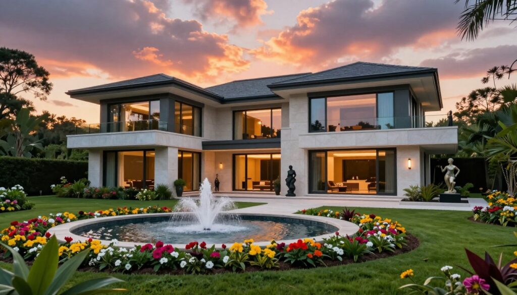 A luxurious modern mansion set amidst lush greenery, reflecting the controversies surrounding its celebrity inhabitant. In the foreground, a stylishly landscaped garden features vivid flowers, a sleek water fountain, and striking sculptures that signify wealth and artistic taste. In the middle, the house itself looms large, showcasing a blend of glass and concrete architecture with large windows and an inviting terrace. The background reveals a dramatic sunset, casting warm hues across the sky, adding an air of mystery. The lighting is soft yet vibrant, enhancing the mansion's allure while hinting at the complexities of fame. The atmosphere is both opulent and controversial, symbolizing the dual nature of celebrity life. A luxurious modern mansion set amidst lush greenery, reflecting the controversies surrounding its celebrity inhabitant. In the foreground, a stylishly landscaped garden features vivid flowers, a sleek water fountain, and striking sculptures that signify wealth and artistic taste. In the middle, the house itself looms large, showcasing a blend of glass and concrete architecture with large windows and an inviting terrace. The background reveals a dramatic sunset, casting warm hues across the sky, adding an air of mystery. The lighting is soft yet vibrant, enhancing the mansion's allure while hinting at the complexities of fame. The atmosphere is both opulent and controversial, symbolizing the dual nature of celebrity life.