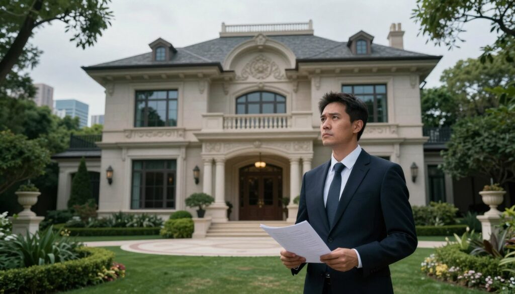 A luxurious yet controversial mansion surrounded by lush greenery, reflecting a mix of wealth and tension. In the foreground, a well-dressed businessman stands with an expression of contemplation, holding legal documents. The middle layer features an opulent facade of the house, showcasing intricate architecture, large windows, and a grand entrance. Background elements include a distant cityscape under an overcast sky, evoking a mood of uncertainty. Soft, dramatic lighting emphasizes shadows, highlighting the contrast between wealth and the looming controversies, while a shallow depth of field focuses on the businessman, creating an introspective atmosphere. The overall composition hints at legal challenges and the complexities of wealth.