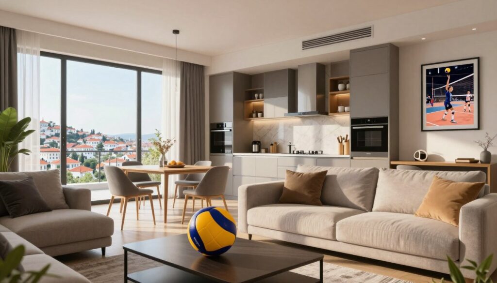 A modern apartment belonging to a volleyball player, featuring sleek, contemporary design elements. Foreground: a spacious living area with a comfortable sofa and a volleyball prominently placed on a coffee table, symbolizing the sport. Middle: a stylish kitchen with high-end appliances and a dining space reflecting a warm, inviting atmosphere. Background: large windows allowing natural light to flood in, showcasing a view of a vibrant Turkish landscape. The room is decorated with sports memorabilia and framed photos of volleyball matches. Soft morning light illuminates the scene, creating an uplifting and motivational ambiance. The overall mood should be energetic yet cozy, capturing the essence of a professional athlete's home in Turkey. A modern apartment belonging to a volleyball player, featuring sleek, contemporary design elements. Foreground: a spacious living area with a comfortable sofa and a volleyball prominently placed on a coffee table, symbolizing the sport. Middle: a stylish kitchen with high-end appliances and a dining space reflecting a warm, inviting atmosphere. Background: large windows allowing natural light to flood in, showcasing a view of a vibrant Turkish landscape. The room is decorated with sports memorabilia and framed photos of volleyball matches. Soft morning light illuminates the scene, creating an uplifting and motivational ambiance. The overall mood should be energetic yet cozy, capturing the essence of a professional athlete's home in Turkey.