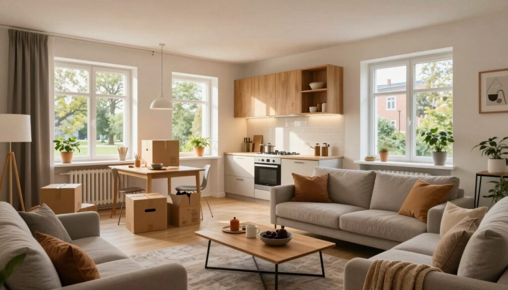A modern apartment interior in Ursynów, Warsaw, showcasing the transition from a house to an urban living space. The foreground features a well-organized living room with a cozy sofa, a stylish coffee table, and moving boxes labeled with various household items. In the middle ground, a bright kitchen area is visible, with soft natural light pouring in from large windows, highlighting the contemporary decor and wooden cabinets. In the background, glimpses of a green park can be seen through the windows, emphasizing the neighborhood feel of Ursynów. The atmosphere is warm and inviting, conveying a sense of new beginnings. Use a slightly elevated angle for a panoramic view, with soft focus edges to enhance depth. Aim for warm, ambient lighting to create a comfortable ambiance. A modern apartment interior in Ursynów, Warsaw, showcasing the transition from a house to an urban living space. The foreground features a well-organized living room with a cozy sofa, a stylish coffee table, and moving boxes labeled with various household items. In the middle ground, a bright kitchen area is visible, with soft natural light pouring in from large windows, highlighting the contemporary decor and wooden cabinets. In the background, glimpses of a green park can be seen through the windows, emphasizing the neighborhood feel of Ursynów. The atmosphere is warm and inviting, conveying a sense of new beginnings. Use a slightly elevated angle for a panoramic view, with soft focus edges to enhance depth. Aim for warm, ambient lighting to create a comfortable ambiance.
