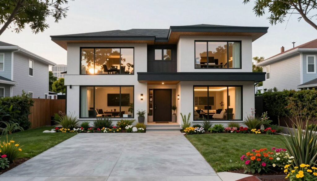 A modern, artistically designed home representing the dwelling of a rapper and streamer, set in a vibrant neighborhood. In the foreground, a sleek driveway leads to the stylish front entrance, surrounded by lush greenery and colorful flowers. The middle ground showcases large glass windows reflecting the morning sun, hinting at an inviting interior that balances personal and professional spaces. In the background, hints of city life blend with subtle residential elements, creating a transition between privacy and public persona. The lighting is warm and natural, enhancing the home's welcoming atmosphere. The image captures a sense of tranquility and creativity, illustrating the fine line between personal life and online presence in a contemporary lifestyle. A modern, artistically designed home representing the dwelling of a rapper and streamer, set in a vibrant neighborhood. In the foreground, a sleek driveway leads to the stylish front entrance, surrounded by lush greenery and colorful flowers. The middle ground showcases large glass windows reflecting the morning sun, hinting at an inviting interior that balances personal and professional spaces. In the background, hints of city life blend with subtle residential elements, creating a transition between privacy and public persona. The lighting is warm and natural, enhancing the home's welcoming atmosphere. The image captures a sense of tranquility and creativity, illustrating the fine line between personal life and online presence in a contemporary lifestyle.