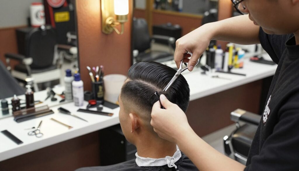 A modern barbershop scene featuring a skilled hairdresser trimming and shadowing the sides of a client's hair, focusing on the "slick back" hairstyle. In the foreground, the hairdresser, dressed in professional attire, is carefully using scissors and a trimmer, with precision on the client's hair. The client has neatly slicked-back hair, showcasing the gradient and shadowing techniques applied to the sides. The middle ground captures well-organized barber tools like combs and scissors on a polished countertop, while the background includes stylish barber chairs and retro decor, illuminated by warm overhead lights to create a cozy atmosphere. The angle is slightly above eye level, highlighting the intricate haircuts and the artistry involved.
