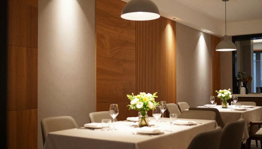 A modern dining area featuring decorative wall panels and slats that define the space. In the foreground, a beautifully set dining table with elegant tableware, a soft tablecloth, and a centerpiece of fresh flowers. The middle layer showcases a combination of textured wooden panels and sleek vertical slats on the wall, painted in warm, inviting colors that create a cozy atmosphere. In the background, soft ambient lighting from stylish pendant lamps illuminates the space, casting gentle shadows and enhancing the depth of the design. The perspective is slightly angled, giving a sense of depth and inviting the viewer into the dining area. The overall mood is contemporary, sophisticated, and welcoming, perfect for family gatherings or intimate dinners.
