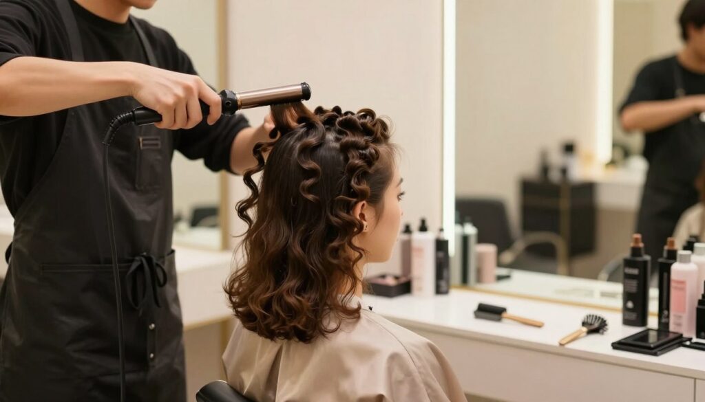 A modern hair salon setting focused on showcasing hair curling techniques. In the foreground, a professional hairstylist, dressed in a stylish black apron, expertly curls a model's shoulder-length hair using a curling iron, capturing the essence of perfect curls. The model has a polished, natural look, with subtle makeup and wearing a simple, elegant top. The middle scene features various hair tools and products neatly arranged on a salon counter, symbolizing professionalism and creativity. The background shows a softly lit salon interior with mirrors reflecting the work area, creating an inviting atmosphere. Utilize warm, soft lighting to enhance the texture of the hair and evoke a sense of warmth and elegance. The overall mood is one of transformation and beauty, emphasizing the art of achieving perfect curls. A modern hair salon setting focused on showcasing hair curling techniques. In the foreground, a professional hairstylist, dressed in a stylish black apron, expertly curls a model's shoulder-length hair using a curling iron, capturing the essence of perfect curls. The model has a polished, natural look, with subtle makeup and wearing a simple, elegant top. The middle scene features various hair tools and products neatly arranged on a salon counter, symbolizing professionalism and creativity. The background shows a softly lit salon interior with mirrors reflecting the work area, creating an inviting atmosphere. Utilize warm, soft lighting to enhance the texture of the hair and evoke a sense of warmth and elegance. The overall mood is one of transformation and beauty, emphasizing the art of achieving perfect curls.