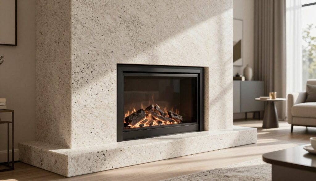 A modern living room featuring a stylish fireplace surrounded by sophisticated quartz sintered stone cladding. In the foreground, focus on the intricate textures of the man-made conglomerate with a polished finish, showcasing a blend of light and dark tones. The middle ground highlights the sleek and contemporary fireplace, designed with clean lines and an ambient glow emitting warmth. The background displays a well-decorated interior with minimalistic furniture, soft lighting, and elegant decor that complements the cladding. The atmosphere is cozy yet modern, evoking a sense of tranquility and refinement. Use natural light streaming through a large window, creating shadow play on the materials, captured from a slightly elevated angle to encompass the entire scene. A modern living room featuring a stylish fireplace surrounded by sophisticated quartz sintered stone cladding. In the foreground, focus on the intricate textures of the man-made conglomerate with a polished finish, showcasing a blend of light and dark tones. The middle ground highlights the sleek and contemporary fireplace, designed with clean lines and an ambient glow emitting warmth. The background displays a well-decorated interior with minimalistic furniture, soft lighting, and elegant decor that complements the cladding. The atmosphere is cozy yet modern, evoking a sense of tranquility and refinement. Use natural light streaming through a large window, creating shadow play on the materials, captured from a slightly elevated angle to encompass the entire scene.