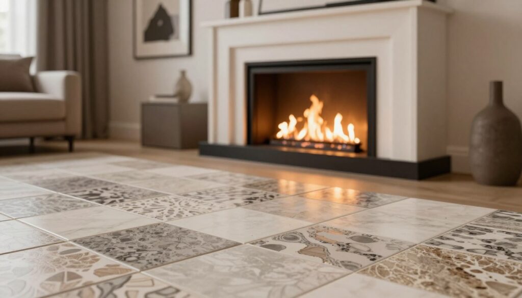 A modern living room featuring an elegant fireplace adorned with stunning ceramic and stoneware tiles. In the foreground, focus on the intricately designed tiles that showcase a blend of neutral and earthy tones, reflecting a contemporary aesthetic. The middle of the scene highlights a sleek, built-in fireplace with smooth lines, emanating a warm glow from the flames. In the background, soft ambient lighting creates a cozy atmosphere, illuminating the room with a welcoming glow. The setting is decorated with minimalist furniture and tasteful decor, emphasizing a sophisticated yet comfortable environment. Capture the image from a slightly elevated angle, highlighting the interplay of textures and colors, suggesting durability and heat resistance. The overall mood should convey a sense of modernity and style, perfect for a chic home setting. A modern living room featuring an elegant fireplace adorned with stunning ceramic and stoneware tiles. In the foreground, focus on the intricately designed tiles that showcase a blend of neutral and earthy tones, reflecting a contemporary aesthetic. The middle of the scene highlights a sleek, built-in fireplace with smooth lines, emanating a warm glow from the flames. In the background, soft ambient lighting creates a cozy atmosphere, illuminating the room with a welcoming glow. The setting is decorated with minimalist furniture and tasteful decor, emphasizing a sophisticated yet comfortable environment. Capture the image from a slightly elevated angle, highlighting the interplay of textures and colors, suggesting durability and heat resistance. The overall mood should convey a sense of modernity and style, perfect for a chic home setting.