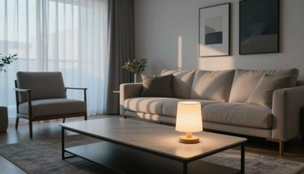 A modern living room scene illustrating the principles of light color selection. In the foreground, a sleek, stylish coffee table with a warm-toned lamp casting soft light, creating a cozy atmosphere. The middle ground features a comfortable sofa and armchair, with sunlight streaming in through sheer curtains, highlighting the gentle interplay of light and shadows. The background showcases decorative wall art illuminated by subtle ambient lighting in cool tones, emphasizing a balanced color palette. The scene is captured with a wide-angle lens from a low perspective, enhancing the room's spacious feel. The overall mood is inviting and serene, perfect for showcasing the practical application of light color and intensity in home design.