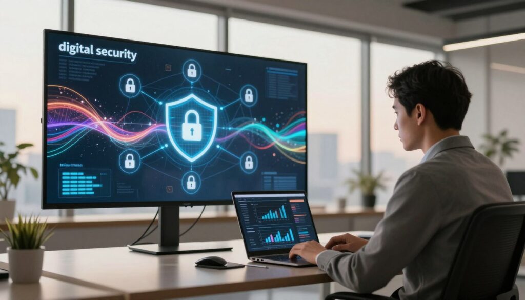 A modern office environment representing "digital security." In the foreground, a professional in business attire is seated at a sleek desk, focused on a laptop displaying graphs and security software. The middle ground features a large digital screen showcasing a complex network diagram with locks and shields symbolizing cybersecurity, while an abstract representation of data flow in vibrant colors weaves through. The background includes a large window letting in soft, natural light, creating a calm atmosphere. The overall mood is professional and secure, emphasizing the importance of cybersecurity in everyday life. The scene should be well-composed, with a warm color palette to convey a sense of trust and safety. A modern office environment representing "digital security." In the foreground, a professional in business attire is seated at a sleek desk, focused on a laptop displaying graphs and security software. The middle ground features a large digital screen showcasing a complex network diagram with locks and shields symbolizing cybersecurity, while an abstract representation of data flow in vibrant colors weaves through. The background includes a large window letting in soft, natural light, creating a calm atmosphere. The overall mood is professional and secure, emphasizing the importance of cybersecurity in everyday life. The scene should be well-composed, with a warm color palette to convey a sense of trust and safety.