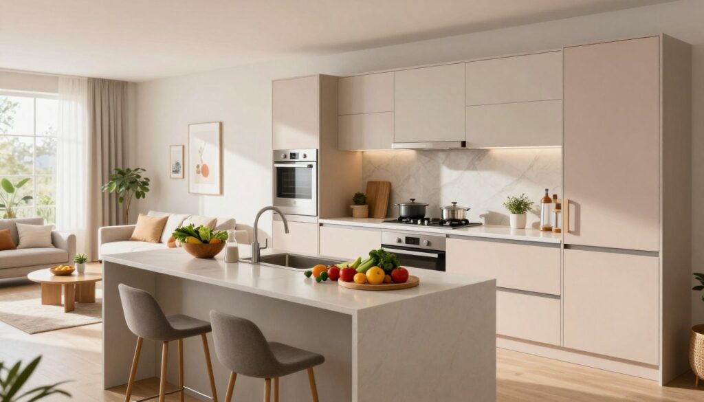A modern open kitchen seamlessly integrated with a living room, emphasizing ergonomic design. In the foreground, a spacious kitchen island with bar stools, showcasing a variety of fresh ingredients and cooking utensils arranged neatly. In the middle, contemporary cabinetry in soft pastel hues, with stainless steel appliances and a stylish backsplash. The living room features a cozy seating area with a minimalist design, accentuated by natural light streaming through large windows. The background includes subtle decorative touches, such as houseplants and art pieces, creating a harmonious and inviting atmosphere. The scene is brightly lit, capturing the warmth of a welcoming home environment, shot from a slightly elevated angle to showcase the flow between the kitchen and living space. A modern open kitchen seamlessly integrated with a living room, emphasizing ergonomic design. In the foreground, a spacious kitchen island with bar stools, showcasing a variety of fresh ingredients and cooking utensils arranged neatly. In the middle, contemporary cabinetry in soft pastel hues, with stainless steel appliances and a stylish backsplash. The living room features a cozy seating area with a minimalist design, accentuated by natural light streaming through large windows. The background includes subtle decorative touches, such as houseplants and art pieces, creating a harmonious and inviting atmosphere. The scene is brightly lit, capturing the warmth of a welcoming home environment, shot from a slightly elevated angle to showcase the flow between the kitchen and living space.