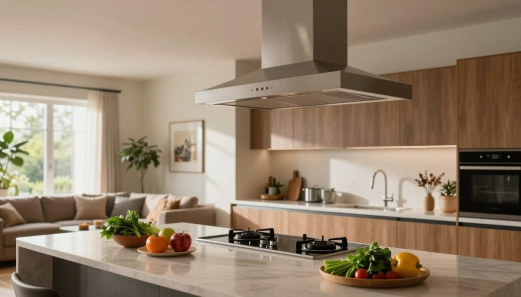 A modern open kitchen with a stylish, integrated exhaust hood prominently featured above a sleek cooking area. The foreground showcases a polished countertop with fresh ingredients artistically arranged. In the middle, the contemporary kitchen layout connects seamlessly to a cozy living space with comfortable seating and decorative elements. Soft, natural light pours in through large windows, illuminating the space and enhancing the warm color palette of the cabinets and walls. The background reveals tasteful decor with greenery, creating a harmonious atmosphere. The lens captures the scene from a slightly elevated angle, providing a dynamic perspective that emphasizes the open layout and functional design of the combined kitchen and living area. A modern open kitchen with a stylish, integrated exhaust hood prominently featured above a sleek cooking area. The foreground showcases a polished countertop with fresh ingredients artistically arranged. In the middle, the contemporary kitchen layout connects seamlessly to a cozy living space with comfortable seating and decorative elements. Soft, natural light pours in through large windows, illuminating the space and enhancing the warm color palette of the cabinets and walls. The background reveals tasteful decor with greenery, creating a harmonious atmosphere. The lens captures the scene from a slightly elevated angle, providing a dynamic perspective that emphasizes the open layout and functional design of the combined kitchen and living area.