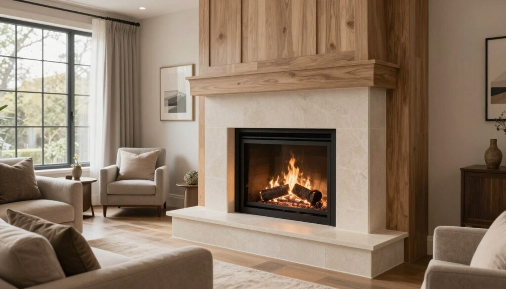 A modern, stylish living room featuring a beautifully designed fireplace surrounded by safe, aesthetically pleasing materials. In the foreground, a sleek, stone-constructed fireplace is adorned with elegant wood paneling and neutral tones that harmonize with the room's decor. The middle ground showcases comfortable furniture arranged around the fireplace, with plush seating and cozy textiles. In the background, large windows allow natural light to flood the room, creating a warm and inviting atmosphere. The lighting is soft and warm, emphasizing the inviting warmth of the fireplace. The angle is slightly elevated, providing a comprehensive view that highlights both the fireplace and the elegant decor of the living space, evoking a sense of comfort and sophistication. A modern, stylish living room featuring a beautifully designed fireplace surrounded by safe, aesthetically pleasing materials. In the foreground, a sleek, stone-constructed fireplace is adorned with elegant wood paneling and neutral tones that harmonize with the room's decor. The middle ground showcases comfortable furniture arranged around the fireplace, with plush seating and cozy textiles. In the background, large windows allow natural light to flood the room, creating a warm and inviting atmosphere. The lighting is soft and warm, emphasizing the inviting warmth of the fireplace. The angle is slightly elevated, providing a comprehensive view that highlights both the fireplace and the elegant decor of the living space, evoking a sense of comfort and sophistication.