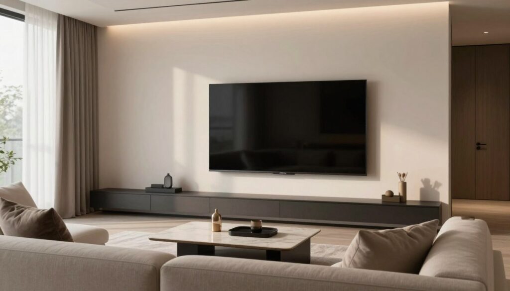 A modern, stylish living room showcasing the ergonomics of television placement. In the foreground, a sleek flat-screen TV is mounted on a light-colored wall, its height positioned at eye level when seated. A comfortable sofa with elegant throw pillows sits directly in front of the TV, creating a cozy viewing area. In the middle ground, a minimalist coffee table complements the overall aesthetic, adorned with a few decorative items. The background features soft, ambient lighting that illuminates the room, enhancing its inviting atmosphere. Large windows allow natural light to filter in, casting gentle shadows. The overall mood is calm and sophisticated, illustrating the balance between style and functionality in home design. A modern, stylish living room showcasing the ergonomics of television placement. In the foreground, a sleek flat-screen TV is mounted on a light-colored wall, its height positioned at eye level when seated. A comfortable sofa with elegant throw pillows sits directly in front of the TV, creating a cozy viewing area. In the middle ground, a minimalist coffee table complements the overall aesthetic, adorned with a few decorative items. The background features soft, ambient lighting that illuminates the room, enhancing its inviting atmosphere. Large windows allow natural light to filter in, casting gentle shadows. The overall mood is calm and sophisticated, illustrating the balance between style and functionality in home design.