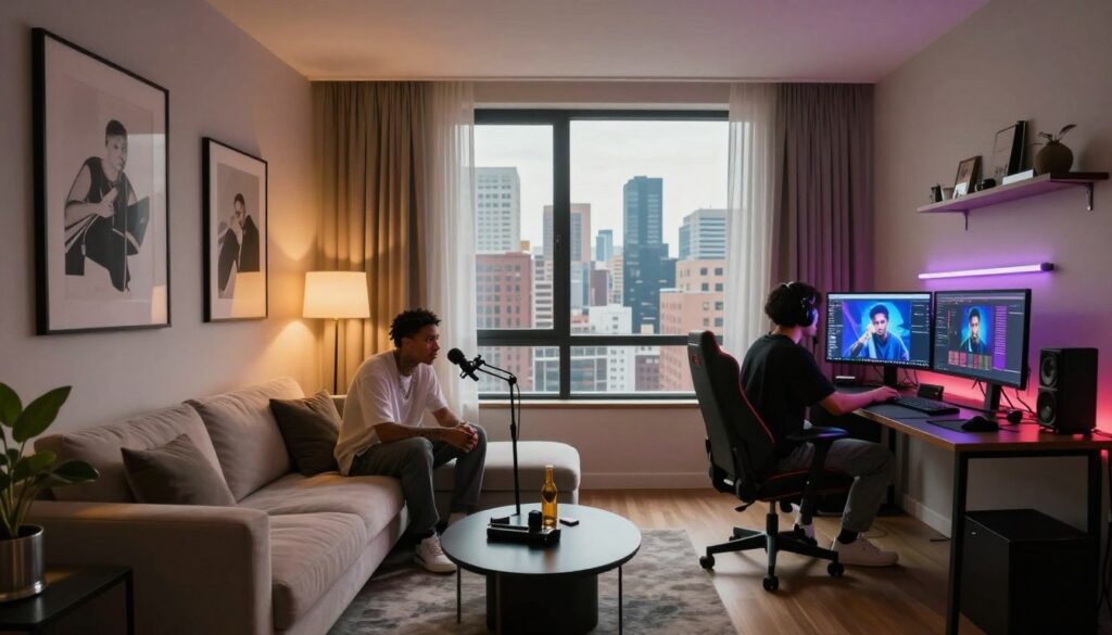 A modern, stylish urban apartment interior, reflecting the life of a popular rapper and streamer. In the foreground, a comfortable, sleek living area with plush seating, contemporary artwork on the walls, and a softly illuminated workspace with gaming equipment. The middle ground features a large window allowing natural light to flood in, showcasing a vibrant city skyline in the background. The atmosphere is lively yet intimate, capturing both a professional and creative vibe. The lighting is warm and inviting, with subtle shadows enhancing the textures of the furniture and décor. The scene conveys a balance of luxury and creativity, ideal for someone in the music and streaming industry. A modern, stylish urban apartment interior, reflecting the life of a popular rapper and streamer. In the foreground, a comfortable, sleek living area with plush seating, contemporary artwork on the walls, and a softly illuminated workspace with gaming equipment. The middle ground features a large window allowing natural light to flood in, showcasing a vibrant city skyline in the background. The atmosphere is lively yet intimate, capturing both a professional and creative vibe. The lighting is warm and inviting, with subtle shadows enhancing the textures of the furniture and décor. The scene conveys a balance of luxury and creativity, ideal for someone in the music and streaming industry.