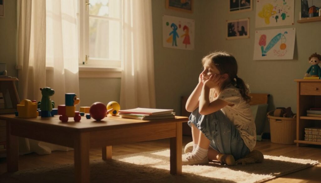 A nostalgic childhood scene depicting a cozy, sunlit room where a young girl is lost in thought, reflecting on memories. In the foreground, a small wooden table cluttered with toys and books symbolizes innocence and creativity. In the middle ground, a window with sheer curtains allows warm, golden light to filter in, casting soft shadows on the floor. In the background, a wall adorned with colorful drawings and photographs evokes a sense of personal history. The mood is warm and introspective, emphasizing the connection between past memories and present choices. The setting should feel inviting and intimate, capturing the essence of childhood wonder and its influence on adult life, photographed in soft focus to enhance the dreamy atmosphere.