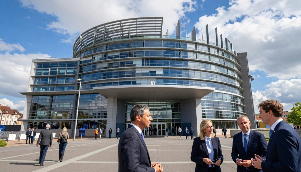 A panoramic view of the European Parliament building in Strasbourg, France, showcasing its modern architecture with distinctive glass and steel elements. In the foreground, a small group of diverse European politicians in professional business attire engage in discussion, symbolizing collaboration and democracy. The middle ground features the grand entrance of the Parliament with people entering and exiting, emphasizing its role as a hub of political activity. The background includes a clear blue sky with soft, fluffy clouds, casting natural light onto the building, creating an inviting and hopeful atmosphere. The scene is vibrant, reflecting the dynamic nature of European politics, with an emphasis on unity and cooperation.