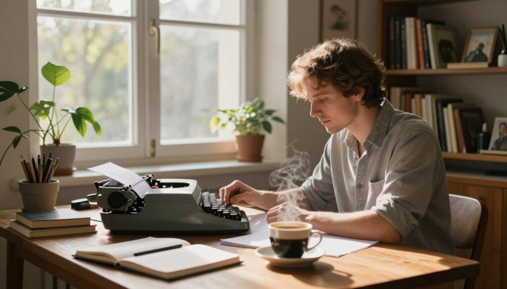 A peaceful, cozy workspace reflecting the creative environment of Andrzej Poniedzielski. In the foreground, a wooden desk cluttered with notebooks, a vintage typewriter, and a steaming cup of coffee, suggesting a writer's haven. In the middle, a large window bathed in soft, warm morning light, casting gentle shadows, with green plants framing the view, illustrating a connection to nature. The background features a comfortable, inviting bookshelf filled with classic literature and personal mementos. The atmosphere is serene and inspiring, with a calm color palette of soft earth tones to evoke a sense of creativity and introspection. The scene captures the essence of a writer's life focused on confidentiality and artistic expression, emphasizing privacy while showcasing a relatable environment.