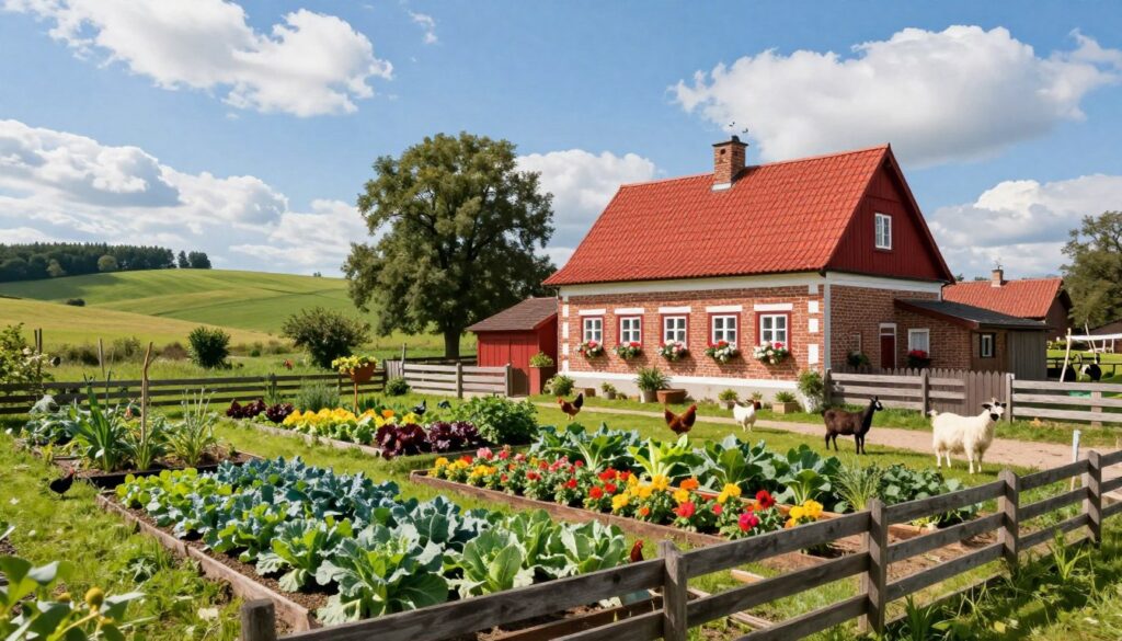 A picturesque family farm in Lubońcu, Poland, showcasing a blend of traditional and modern agricultural elements. In the foreground, a well-maintained vegetable garden brimming with colorful crops, surrounded by rustic wooden fencing. The middle-ground features a charming, red-brick farmhouse with white trim and blooming flowers adorning the windows, evoking a sense of warmth and history. A few farm animals, like chickens and goats, roam freely around the yard. In the background, gently rolling hills under a bright blue sky with fluffy white clouds create a serene atmosphere. Soft sunlight bathes the scene, highlighting the lush greenery and vibrant colors, capturing the heartwarming essence of rural life in an idyllic setting.