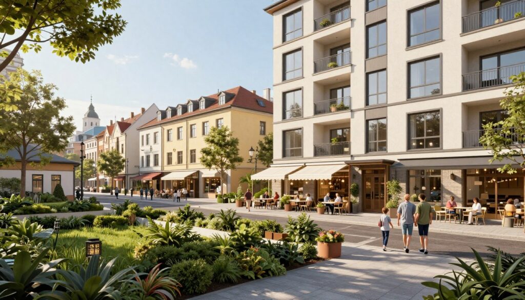 A picturesque urban setting showcasing a modern real estate development, featuring a well-maintained residential building with elegant architecture. In the foreground, lush greenery and carefully manicured gardens lead to a welcoming entrance. The middle ground highlights a charming street with local cafes and shops, bustling with life, while families stroll by and people enjoy outdoor seating. In the background, iconic landmarks and historical buildings are subtly integrated into the skyline, representing the cultural ties of the area. The scene is bathed in warm, golden sunlight, creating a vibrant and inviting atmosphere, captured with a wide-angle lens for depth and perspective. The overall mood conveys a sense of community and connection, ideal for illustrating Dominik Tarczyński's association with this locale.