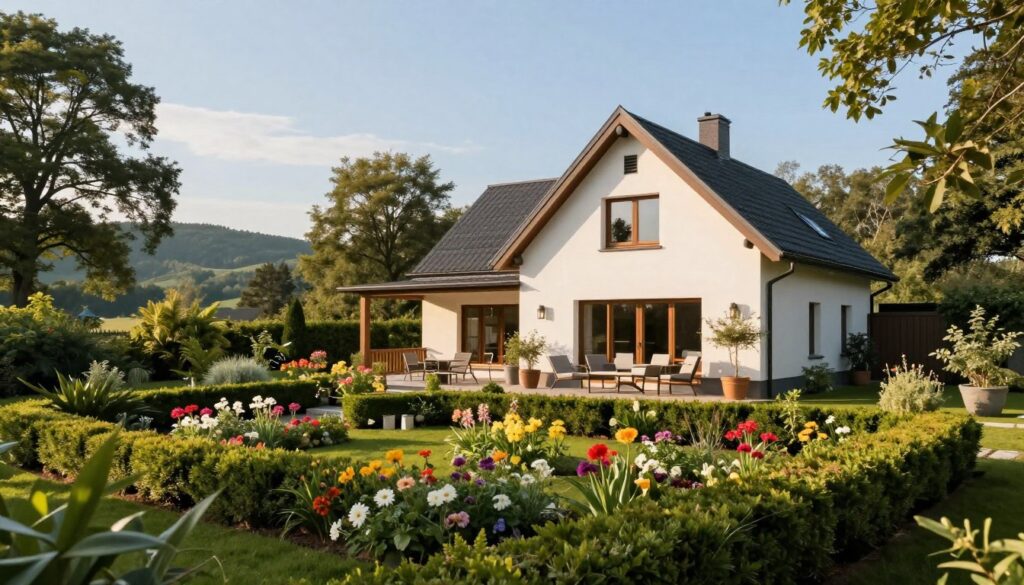 A picturesque view of Szymon Hołownia's residence, featuring a modern yet cozy house nestled among lush greenery. In the foreground, a well-kept garden blooms with vibrant flowers and neatly trimmed hedges, inviting warmth and tranquility. The middle ground showcases the elegant facade of the house, with large windows reflecting natural light, and a welcoming porch adorned with tasteful outdoor furniture. Surrounding the property, tall trees provide a sense of privacy and harmony with nature. In the background, distant hills create a serene backdrop under a clear blue sky, suggesting a peaceful countryside atmosphere. The scene is bathed in soft, golden sunlight, capturing a warm and inviting mood. The perspective is slightly elevated, giving an expansive view of the property while emphasizing its connection to the surrounding landscape.