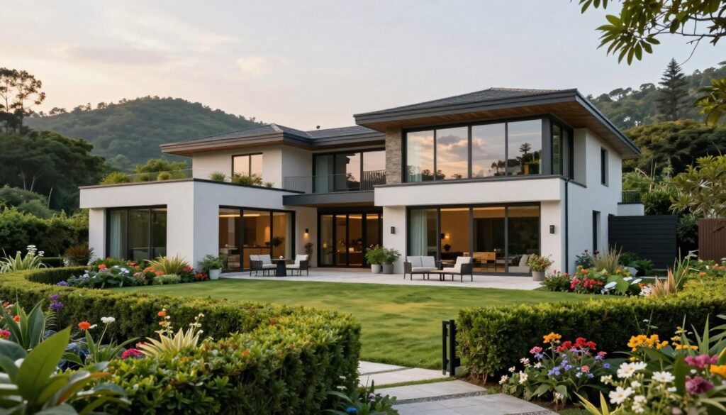 A picturesque view of a contemporary house nestled in a lush, green landscape, surrounded by vibrant gardens. The architecture features sleek lines and large glass windows reflecting the sky, showcasing a blend of modern style and natural beauty. In the foreground, manicured hedges and colorful flowers create a welcoming entrance. The middle ground reveals a tranquil patio with elegant outdoor furniture, perfect for relaxation. In the background, gentle hills and a forested area hint at a serene setting. The lighting is soft and warm, evoking a peaceful afternoon ambiance. Capture this scene with a wide-angle lens to emphasize the spaciousness and harmony between the house and its natural surroundings. The overall mood is inviting and reflective, embodying a sense of home and tranquility.