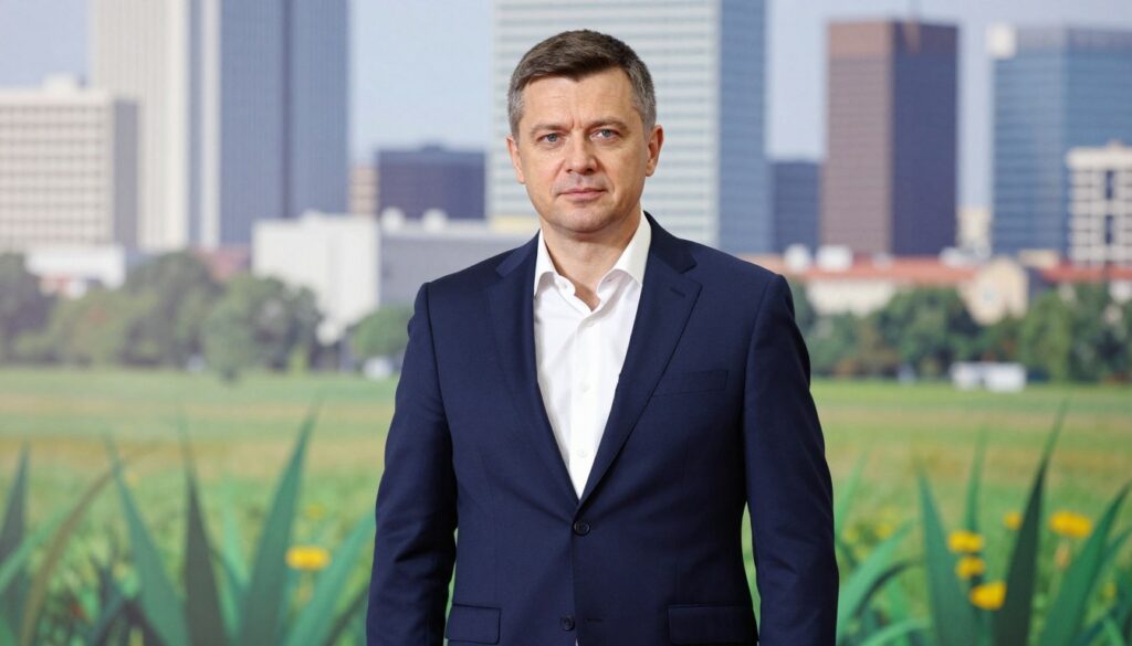 A portrait of Szymon Hołownia, a prominent Polish politician, standing confidently in the foreground, dressed in a tailored navy suit and a crisp white shirt, his expression thoughtful yet focused. In the middle ground, capture a subtle hint of greenery representing his connection to the region, with stylized elements such as local flora that reflects the essence of Poland. In the background, include a blurred image of a modern city skyline, symbolizing urban political life. The mood is serious yet optimistic, with soft, natural lighting emanating from the left, casting gentle shadows. The composition should be at eye level, creating an engaging connection with the viewer and emphasizing the weight of the political controversies surrounding him.
